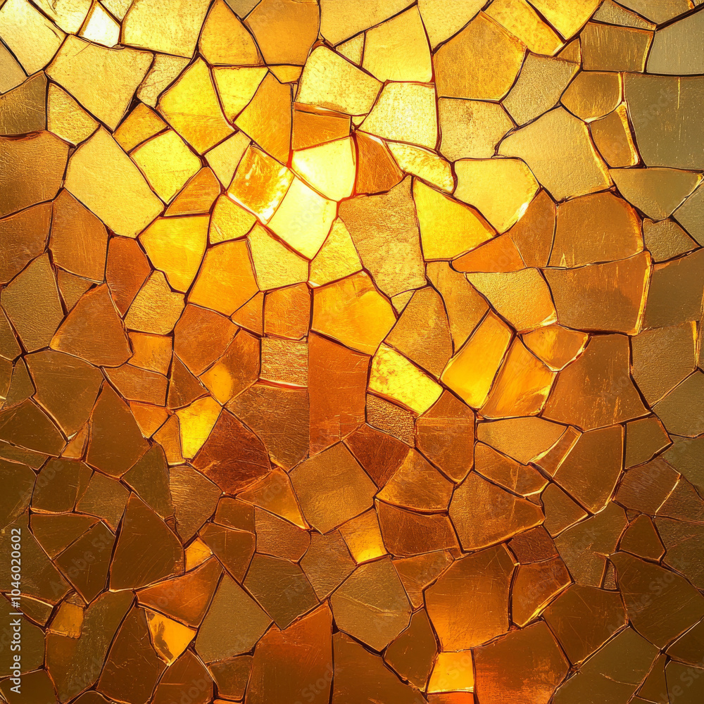 Poster an abstract pattern formed by broken glass texture on a warm golden background, with glimmers of lig