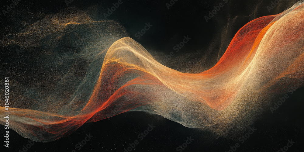 Poster grainy abstract background featuring a glowing red, peach, and olive color wave against a black dark