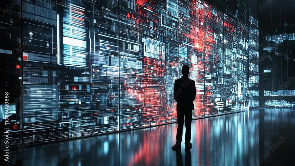 Poster a man stands in front of a large digital wall, viewing streams of data and information