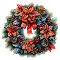 Decorative winter holidays wreath. Watercolor Christmas wreath with fir tree branches, leaves and holly berries cut out illustration. Isolated winter greenery wreath