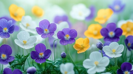   A field of purple, white and yellow flowers with dewdrops on their petals