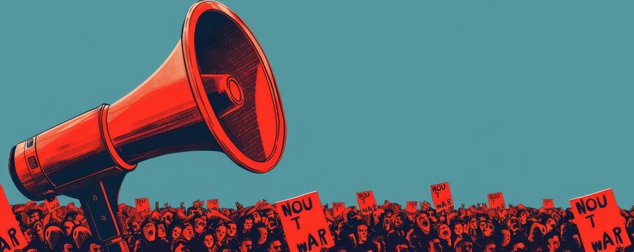 Protest megaphone with 'No War' sign, surrounded by a blurred crowd during an anti-war demonstration.