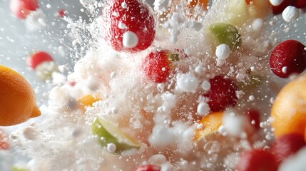 Enticing citrus fruits and berries burst through delightfully splashing cream, combining texture and color in a fresh and lively composition full of energy.