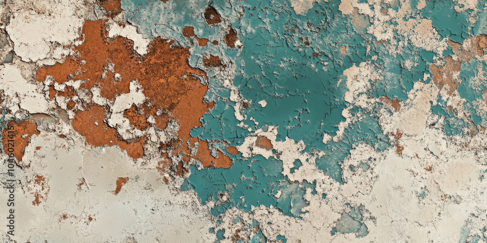 Poster heavily corroded metal surface with deep rust patches and flaking teal and white paint, creating a d