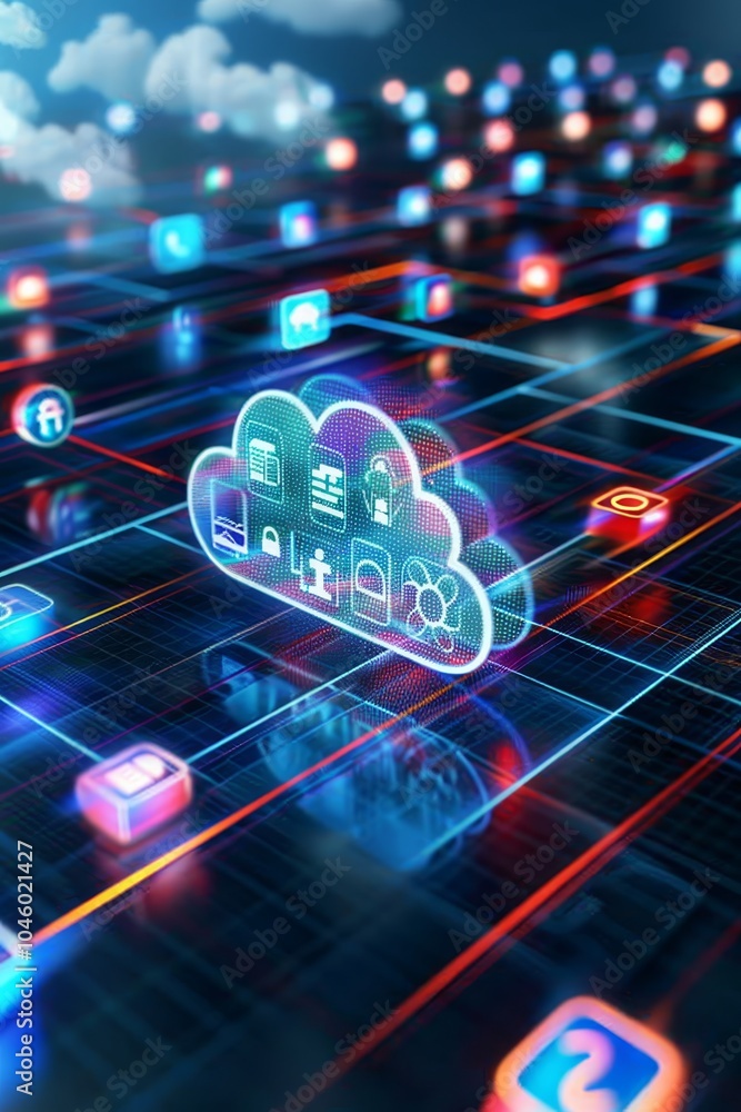 Poster cloud computing, big data and online service concept neon cloud icon on abstract circuit board.
