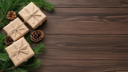 Fototapeta premium A brown wooden table displays Christmas gifts surrounded by pine branches, creating a festive mockup for seasonal designs