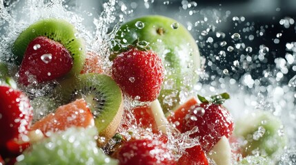 Dynamic photograph of strawberries, kiwi, apple slices, and melon pieces combined with water splashes, capturing a vibrant and refreshing energy in vivid colors.