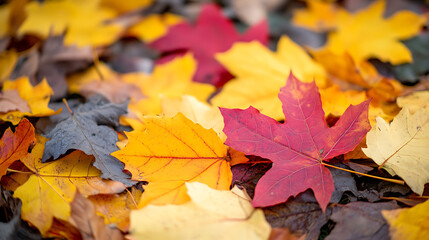 Beautiful yellow red and orange leaves in an autumn park on a br