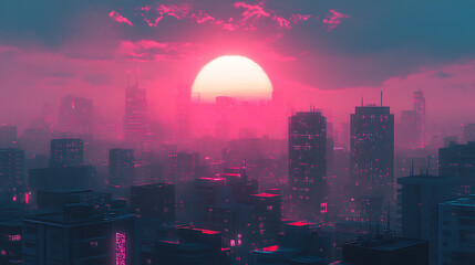 Fototapeta premium Beautiful Cyberpunk Cityscape with a sunset Glitchy Animation style | Cyberpunk Wallpaper/Background |