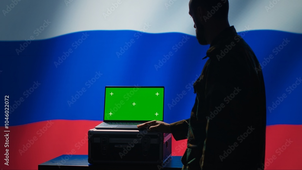 Poster russian ex kgb fsb service using radar on green screen laptop to detect missiles attacking borders. 