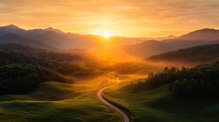 A sun rises, casting golden light over a misty valley with a winding road, lush hills, and deeply serene atmospheric beauty captured in soft, warm tones.