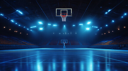 Empty basketball arena stadium sports ground with flashlights and fan sits