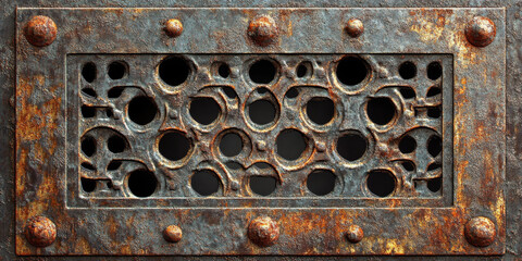 Aged metal grate with a repeating circle and square design, heavily rusted and oxidized, creating a detailed textured view of the weathered industrial surface