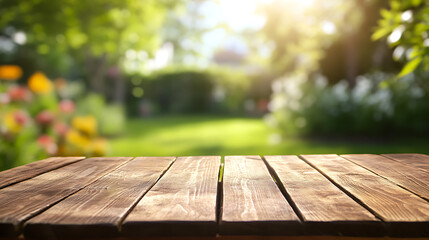 Empty sturdy wooden table summer time blurred backyard garden background 