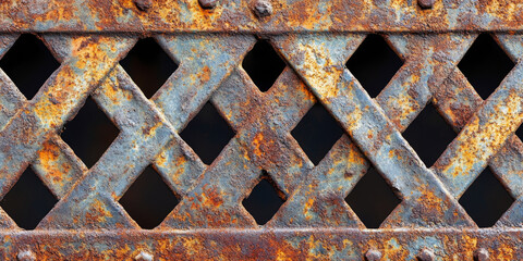 Close-up of a corroded metal grate with a repeating crosshatch geometric pattern, showing rust and oxidation, emphasizing the worn texture and industrial decay