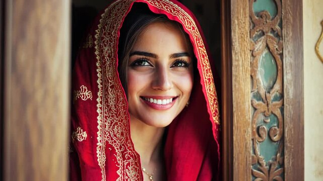 A woman in a red headscarf smiles while peeking from behind a wooden door