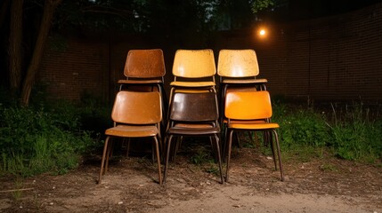 An artistic capture of vintage chairs arranged in an outdoor setting, illuminated by a warm light, fostering a sense of nostalgia and communal gathering. Ensemble harmony.