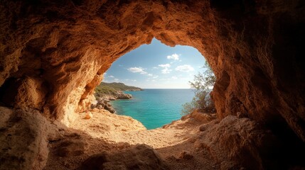 A scenic coastal cave frames a brilliant turquoise sea and azure sky, offering a stunning natural vista. The rocky surroundings create a tunnel-like view of nature's beauty.