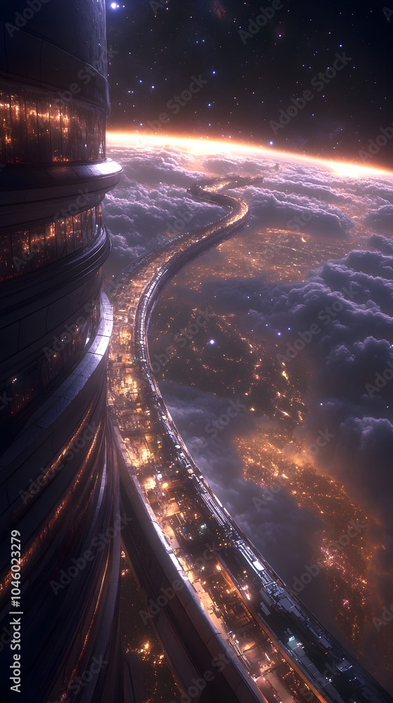 Poster a futuristic cityscape with a winding illuminated path above the clouds.