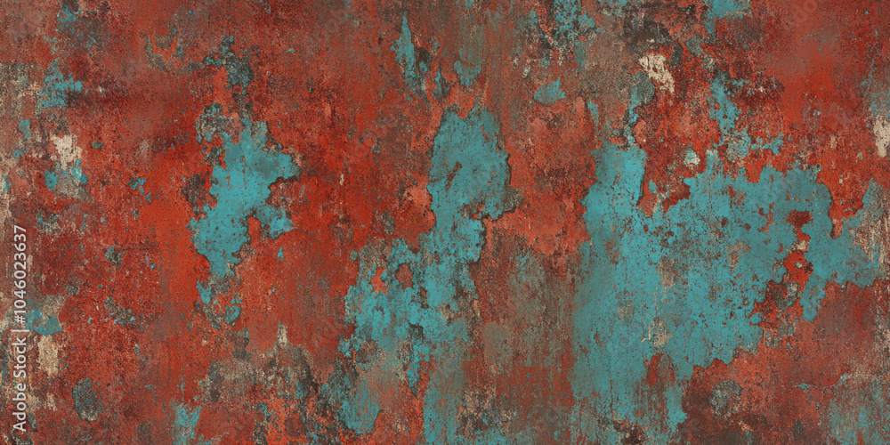 Poster abstract background featuring a rusty red metal surface with chipped teal paint, revealing corrosion