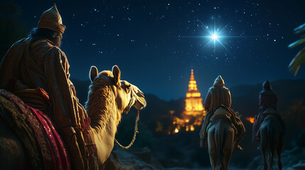 three wise men melchor, gaspar, and baltaza raveling on camels during the night of kings in the desert under the stars