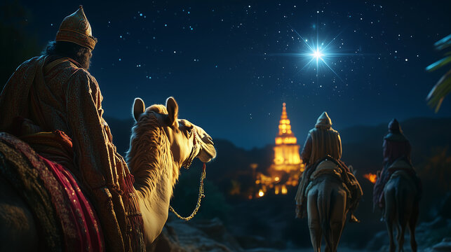 three wise men melchor, gaspar, and baltaza raveling on camels during the night of kings in the desert under the stars
