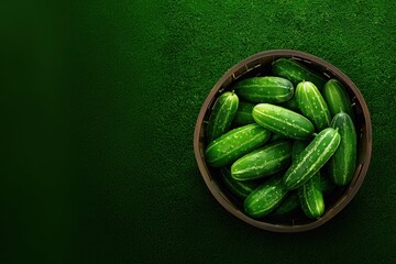 Abundant Harvest: Top View of Fresh Cucumbers in a Basket on Green Lawn