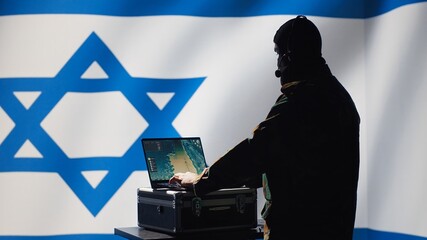 Communication systems operator working for Mossad using radio and satellite equipment, providing combat support. Israeli military dispatcher managing broadcasting networks, Israel flag, camera A