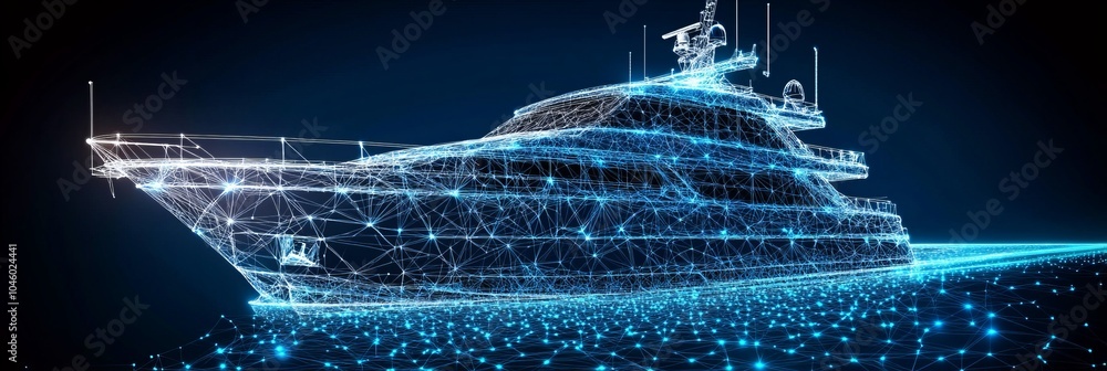 Poster futuristic high-tech yacht design glowing with data connections on abstract network background