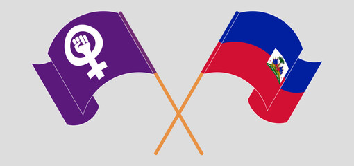 Crossed and waving flags of Feminism and Republic of Haiti. Vector illustration