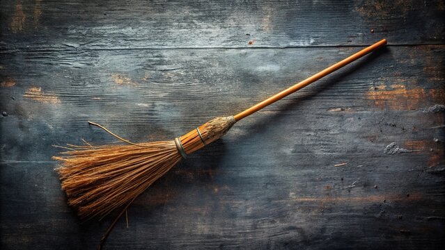 Spooky witch's broomstick decorated for Halloween mischief in mid-air