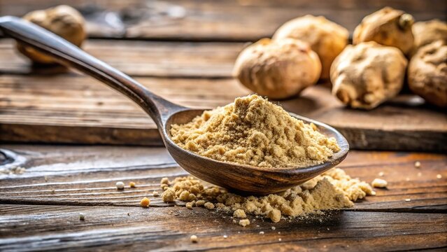 Spoonful of powdered maca with fresh maca roots on rustic table