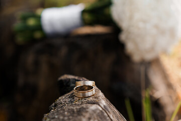 Elegant Wedding Rings on Rustic Log with Bouquet in Background