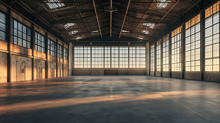 3d rendering of an empty warehouse with a lot of windows 3d rendering of large hangar building and concrete floor and open shutter door in perspective view for background 