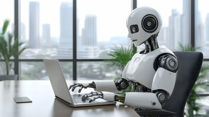 Fototapeta premium Humanoid robot working on laptop