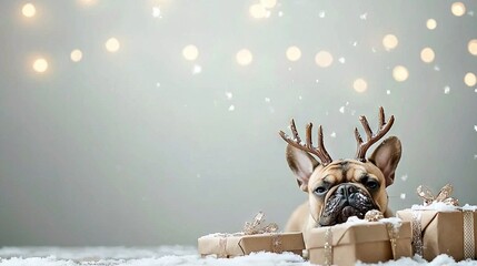 Obraz premium Dog with antlers on head laying in presents in gray background