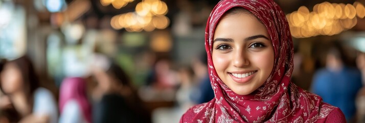 Fototapeta premium Portrait Of A Smiling Young Muslim Businesswoman Wearing Hijab In A Modern Office Environment