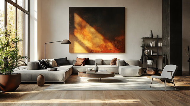 Detailed 3D Render View of an Artistic Painting in a Stylish Living Room 