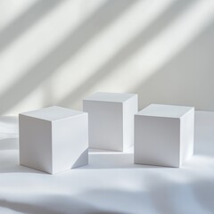 Minimalist composition of white cubes with soft shadows