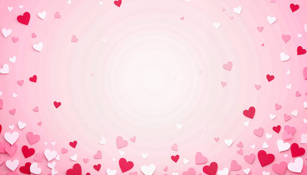 Pink background with scattered red and white heart shapes
