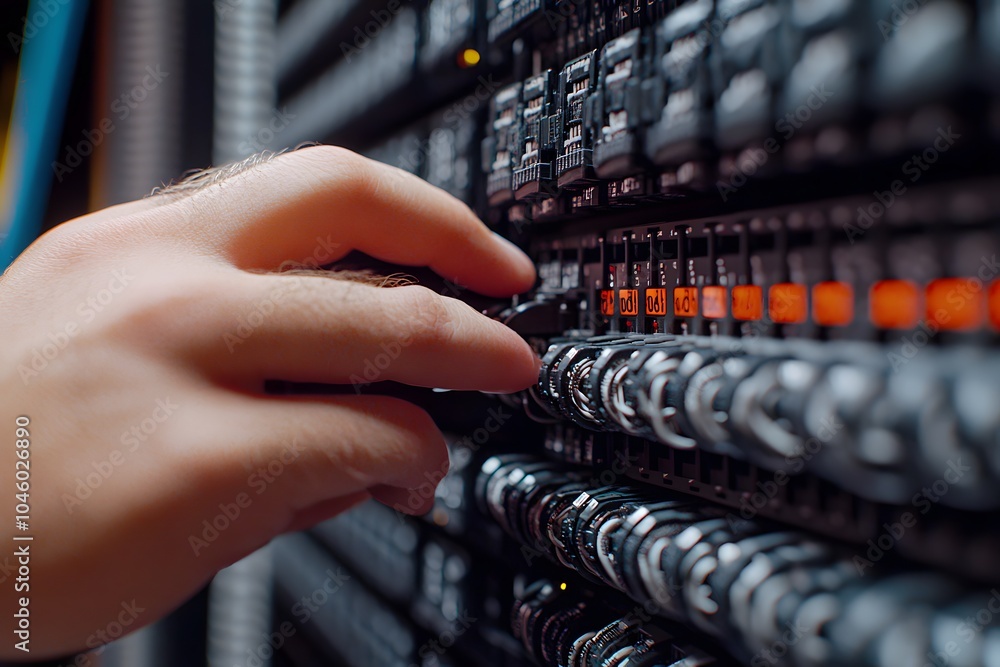 Poster a hand adjusting controls on a server rack, indicating maintenance or configuration tasks.
