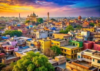 Naklejka premium This tilt-shift panorama captures New Delhi, Rajasthan, showcasing the intricate historical architecture and dynamic urban landscape that defines this culturally rich region.