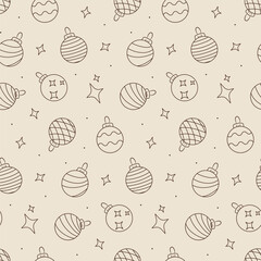 Vintage Christmas tree decorations seamless pattern. Festive vector background with outline xmas baubles, beige color