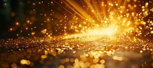 Naklejka premium Golden Glitter Background With Defocused Lights And Rays For Celebrations And Holidays.