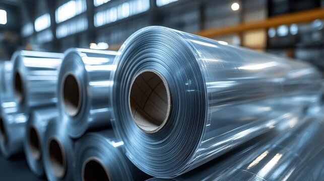 Industrial plastic film rolls stacked horizontally, showcasing their reflective surfaces, smooth cylindrical bodies, and clean industrial feel
