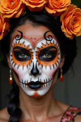 Halloween Makeup young woman with orange and black skull makeup, serious expression, decorative floral headdress, Day of the Dead