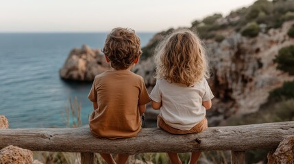 Two kids are sitting on a wooden log, watching the vast ocean. Their backs are facing the camera, taking in the cliffside view of nature's beauty.