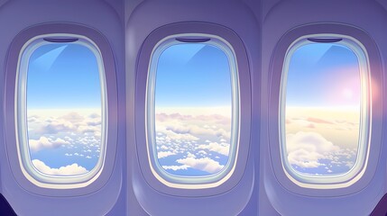 Three airplane windows show clouds and sky with sunset in the distance.