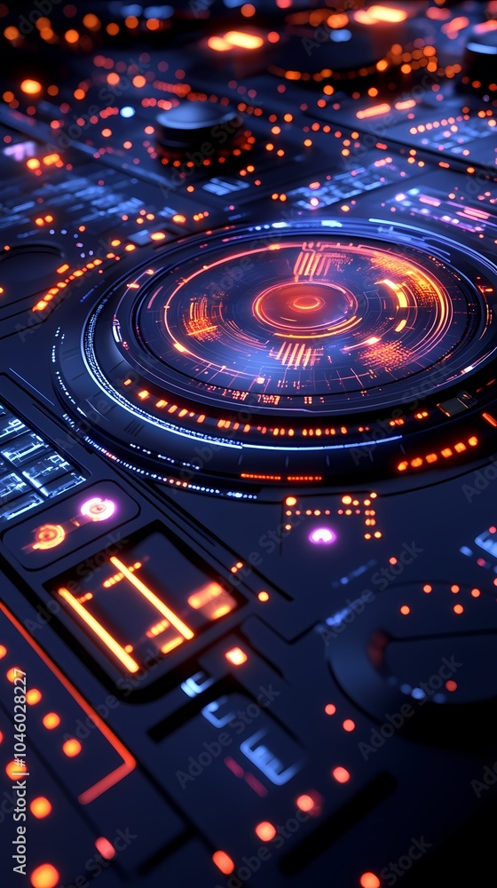Poster a futuristic interface with glowing controls and intricate circuitry design.