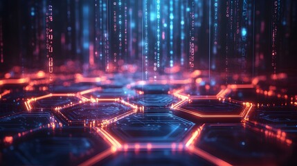 Obraz premium Glowing neon hexagons and tetrahedrons, floating in a digital storm, surrounded by light trails, all set against a dark cyberspace backdrop